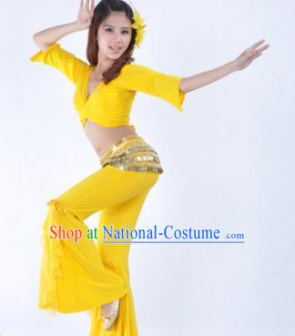 Indian Traditional Belly Dance Yellow Uniform Asian India Oriental Dance Costume for Women