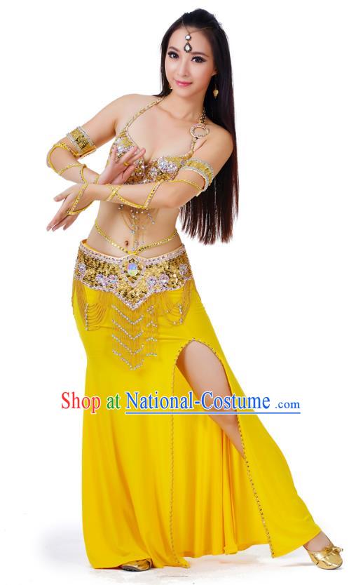 Indian Traditional Belly Dance Yellow Dress Asian India Sexy Oriental Dance Costume for Women