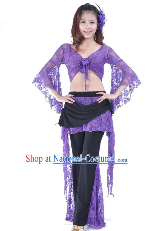 Indian Traditional Belly Dance Purple Lace Clothing Asian India Oriental Dance Costume for Women