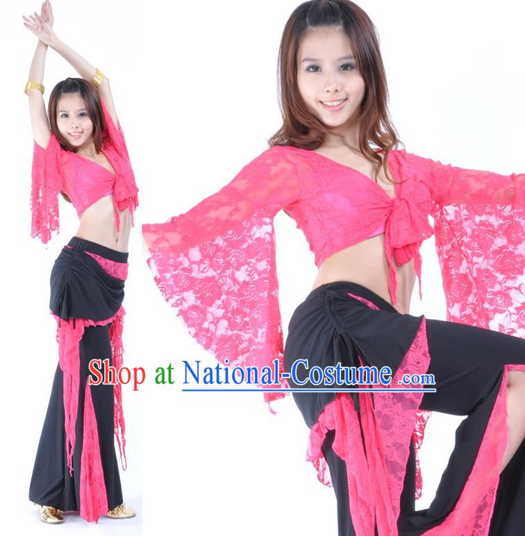 Indian Traditional Belly Dance Rosy Lace Clothing Asian India Oriental Dance Costume for Women