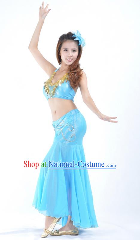 Asian Indian Traditional Belly Dance Costume India Oriental Dance Blue Dress for Women