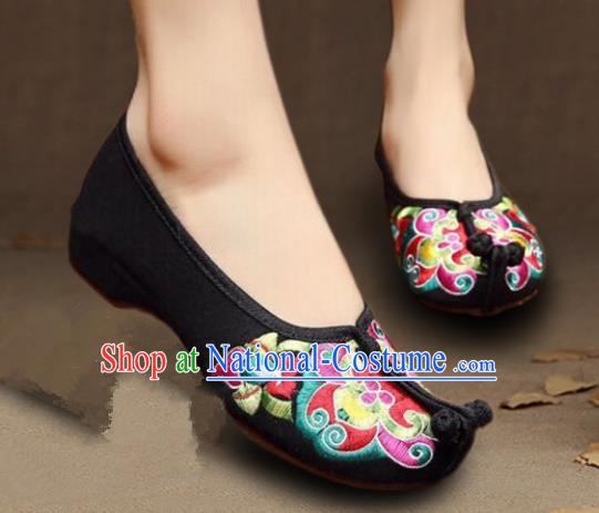 Asian Chinese Wedding Shoes Princess Shoes, Traditional China Handmade Hanfu Black Embroidered Shoes