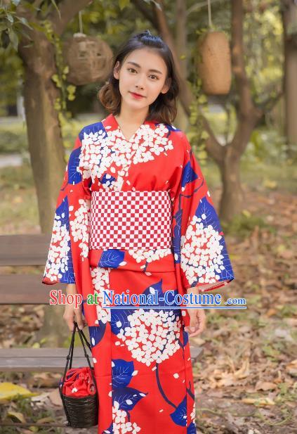 Asian Japanese Traditional Costumes Japan Kimono Red Bathrobe Clothing for Women