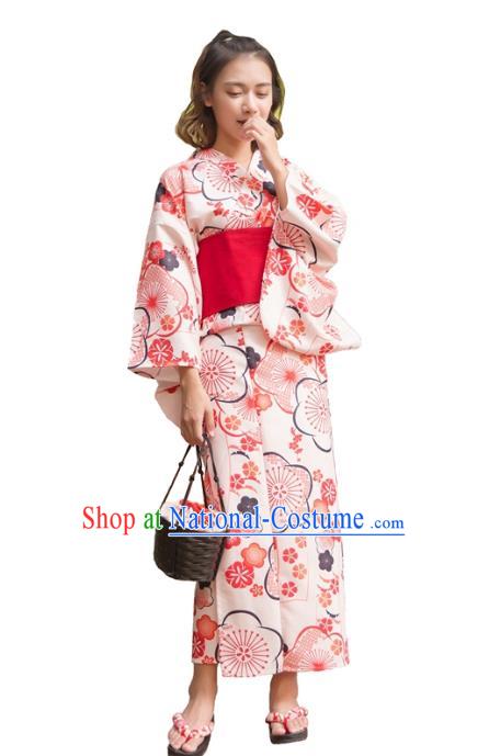 Asian Japanese Traditional Costumes Japan Kimono Printing Pink Bathrobe Clothing for Women