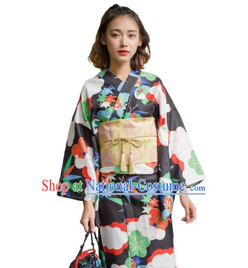 Asian Japanese Traditional Costumes Japan Kimono Yukata Black Clothing for Women