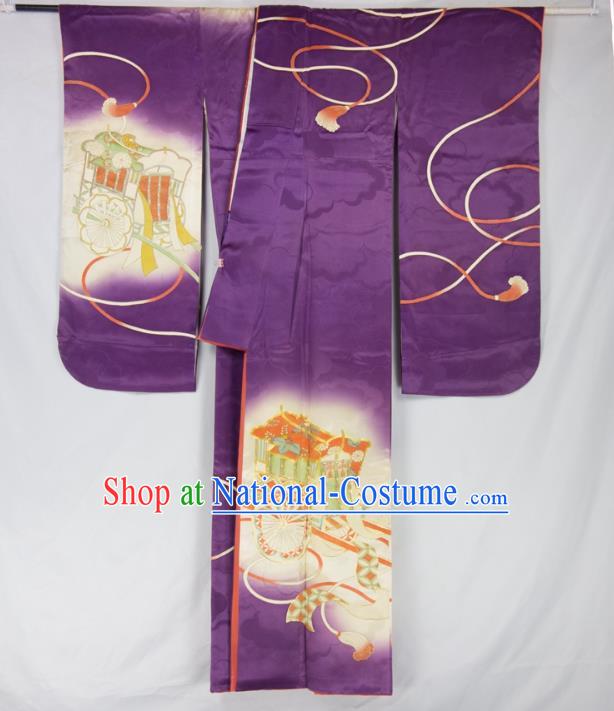 Asian Japanese Traditional Costumes Japan Furisode Kimono Yukata Purple Dress Clothing for Women