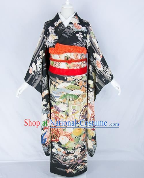 Asian Japanese Traditional Costumes Japan Embroidered Furisode Kimono Yukata Black Dress Clothing for Women