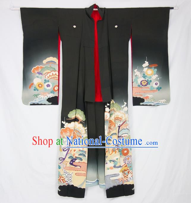 Asian Japanese Traditional Costumes Japan Black Furisode Kimono Yukata Dress Clothing for Women