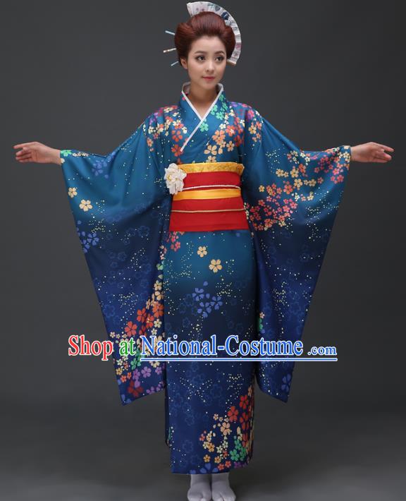 Asian Japanese Traditional Costumes Japan Printing Blue Furisode Kimono Yukata Dress Clothing for Women