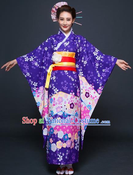 Asian Japanese Traditional Costumes Japan Printing Purple Furisode Kimono Yukata Dress Clothing for Women