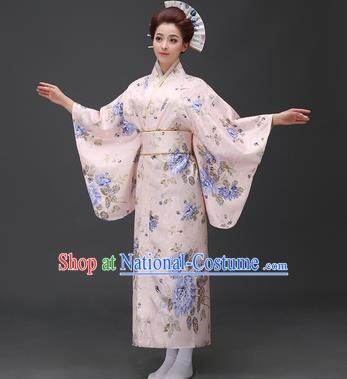 Asian Japanese Traditional Costumes Japan Printing Blue Peony Furisode Kimono Yukata Dress Clothing for Women