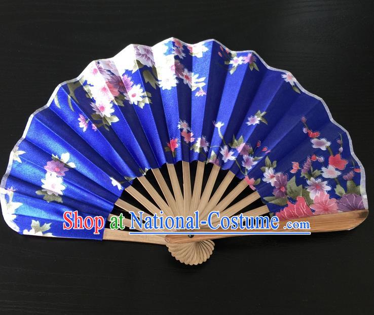 Asian Traditional Folding Fans Kimono Printing Blue Satin Fans for Women