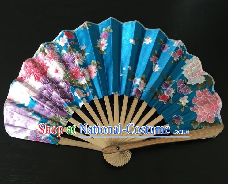 Asian Traditional Folding Fans Kimono Printing Blue Satin Fans Dance Fan for Women