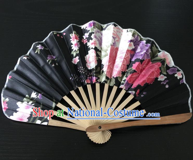 Asian Traditional Folding Fans Kimono Printing Black Satin Fans Dance Fan for Women