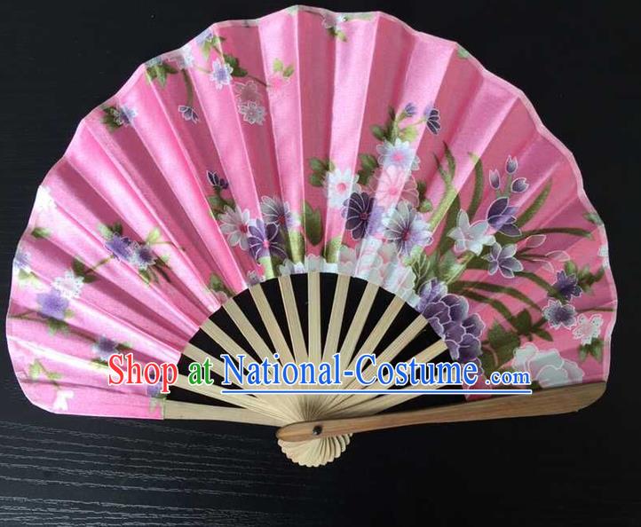 Asian Traditional Folding Fans Kimono Printing Pink Satin Fans Dance Fan for Women