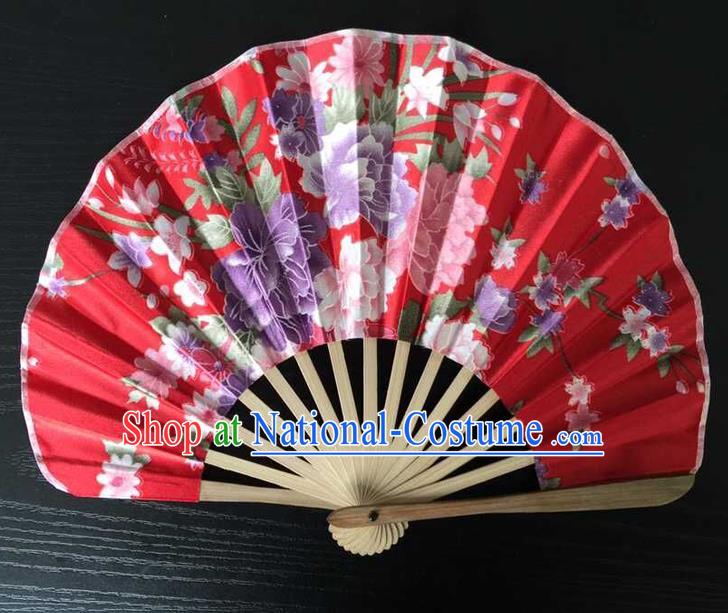 Asian Traditional Folding Fans Kimono Printing Red Satin Fans Dance Fan for Women