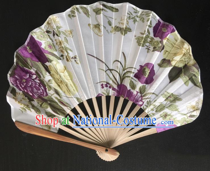 Asian Traditional Folding Fans Kimono Printing White Satin Fans Dance Fan for Women