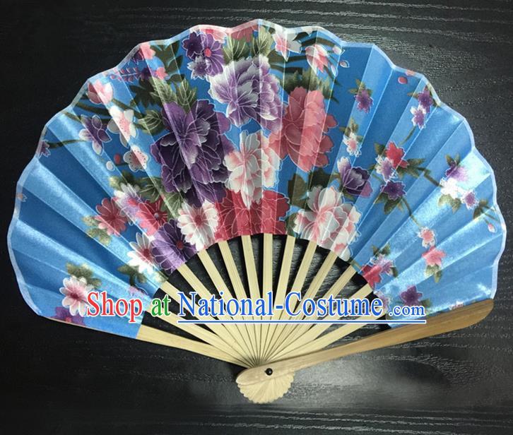 Asian Traditional Folding Fans Kimono Printing Flowers Blue Satin Fans Dance Fan for Women