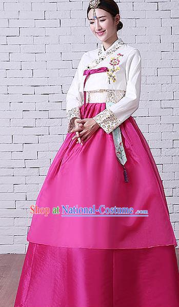 Asian Korean Dance Costumes Traditional Korean Hanbok Clothing Embroidered White Blouse and Rosy Dress for Women