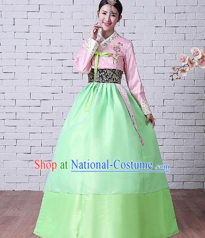 Asian Korean Dance Costumes Traditional Korean Hanbok Clothing Embroidered Pink Blouse and Green Dress for Women