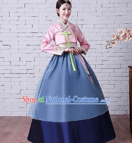 Asian Korean Dance Costumes Traditional Korean Hanbok Clothing Embroidered Pink Blouse and Navy Dress for Women