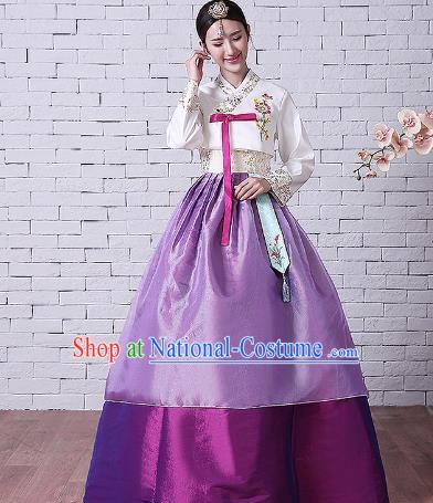 Asian Korean Dance Costumes Traditional Korean Hanbok Clothing Embroidered White Blouse and Purple Dress for Women