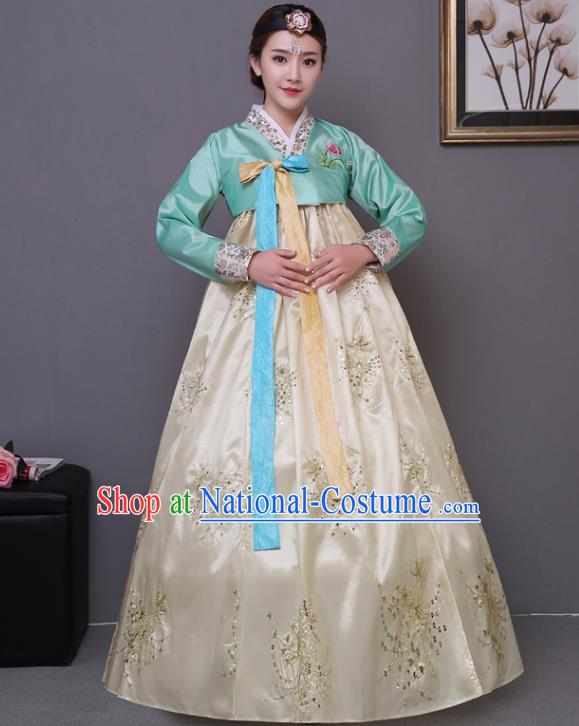 Asian Korean Dance Costumes Traditional Korean Hanbok Clothing Green Blouse and Yellow Paillette Dress for Women