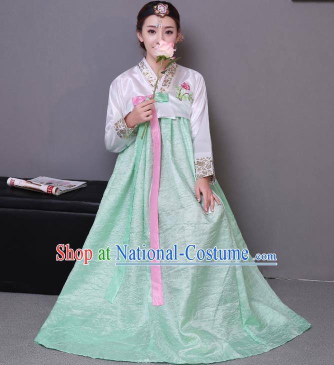 Asian Korean Dance Costumes Traditional Korean Hanbok Clothing Wedding White Blouse and Green Dress for Women