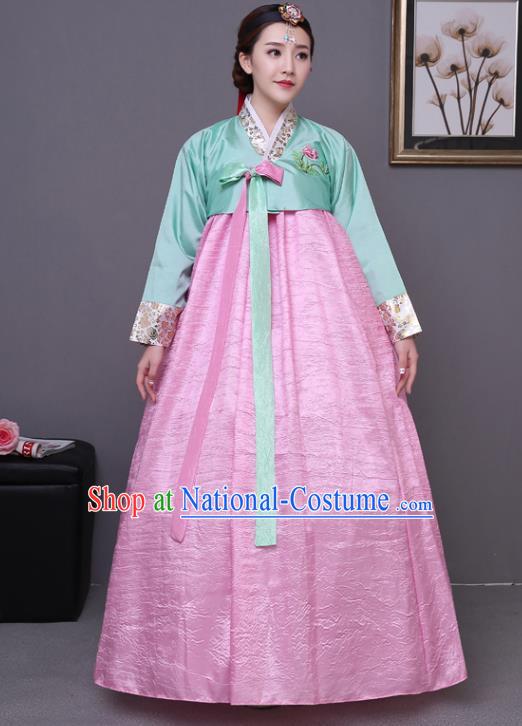 Asian Korean Dance Costumes Traditional Korean Hanbok Clothing Wedding Green Blouse and Pink Dress for Women