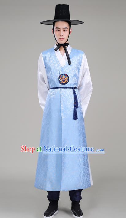 Asian Korean Court Emperor Costumes Blue Robe Traditional Korean Hanbok Clothing for Men