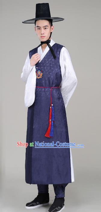 Asian Korean Court Emperor Costumes Navy Robe Traditional Korean Hanbok Clothing for Men