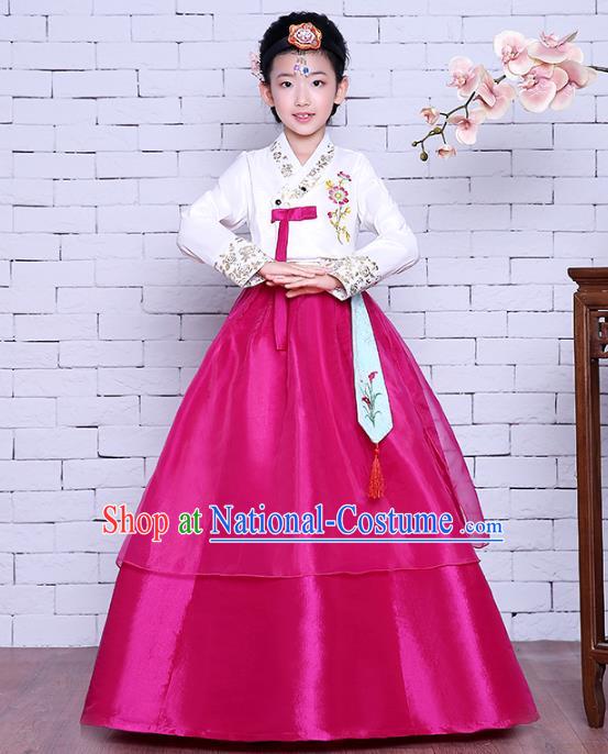 Asian Korean Dance Costumes Traditional Korean Children Hanbok Clothing White Blouse and Rosy Dress for Kids