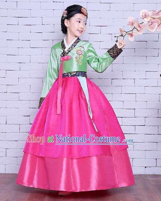 Asian Korean Dance Costumes Traditional Korean Children Hanbok Clothing Green Blouse and Rosy Dress for Kids