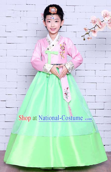 Asian Korean Dance Costumes Traditional Korean Children Hanbok Clothing Pink Blouse and Green Dress for Kids