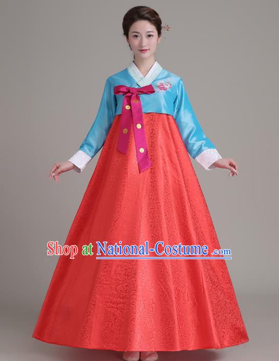 Asian Korean Court Costumes Traditional Korean Hanbok Clothing Blue Blouse and Red Dress for Women