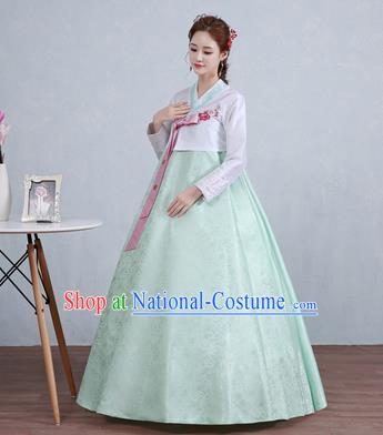 Asian Korean Court Costumes Traditional Korean Hanbok Clothing White Blouse and Green Dress for Women