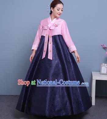 Asian Korean Court Costumes Traditional Korean Hanbok Clothing Pink Blouse and Navy Dress for Women