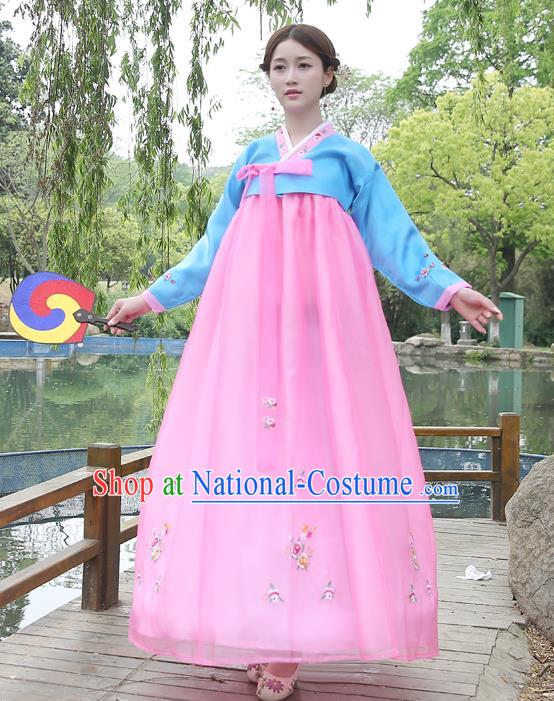 Asian Korean Court Costumes Traditional Korean Bride Hanbok Clothing Blue Blouse and Pink Dress for Women