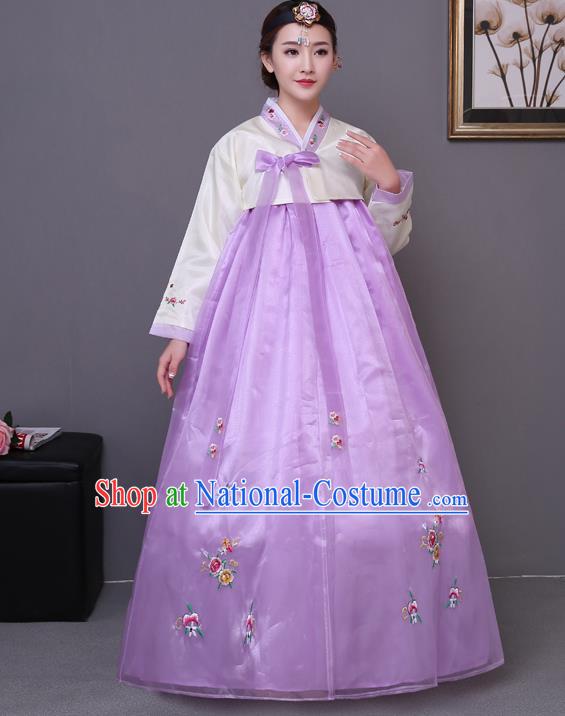 Asian Korean Court Costumes Traditional Korean Bride Hanbok Clothing White Blouse and Purple Dress for Women