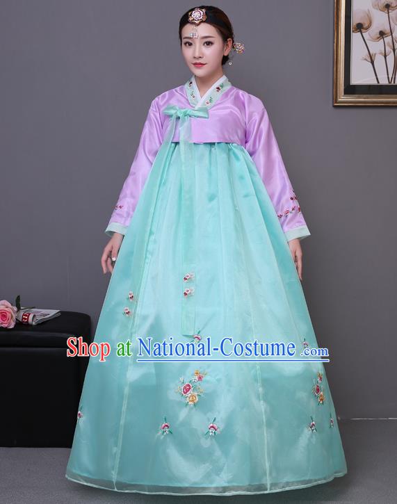 Asian Korean Court Costumes Traditional Korean Bride Hanbok Clothing Purple Blouse and Green Dress for Women