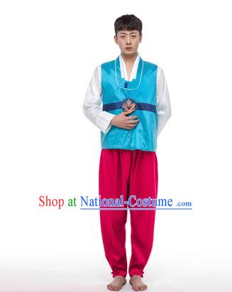 Asian Korean Palace Costumes Traditional Korean Bridegroom Blue Hanbok Clothing for Men