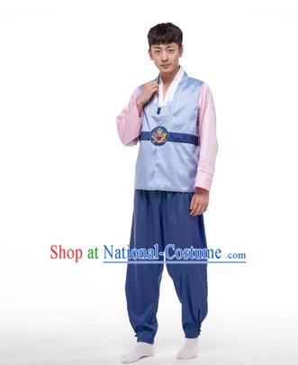 Asian Korean Palace Costumes Traditional Korean Bridegroom Light Blue Hanbok Clothing for Men