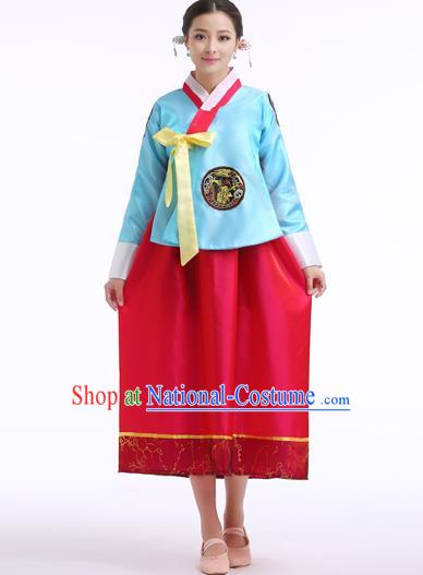 Asian Korean Palace Costumes Traditional Korean Bride Hanbok Clothing Blue Blouse and Red Dress for Women