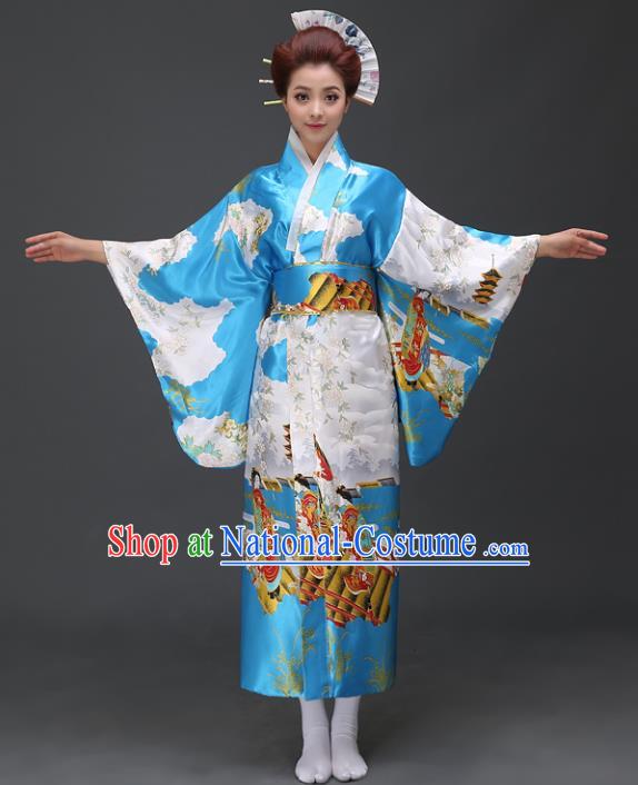 Asian Japanese Traditional Costumes Japan Printing Blue Satin Furisode Kimono Yukata Dress Clothing for Women