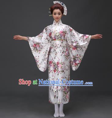 Asian Japanese Traditional Costumes Japan Printing Flowers White Satin Furisode Kimono Yukata Dress Clothing for Women