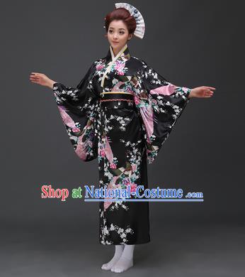 Asian Japanese Traditional Costumes Japan Printing Flowers Black Satin Furisode Kimono Yukata Dress Clothing for Women