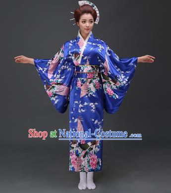 Asian Japanese Traditional Costumes Japan Printing Peacock Peony Blue Satin Furisode Kimono Yukata Dress Clothing for Women