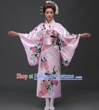 Asian Japanese Traditional Costumes Japan Printing Peacock Peony Pink Satin Furisode Kimono Yukata Dress Clothing for Women