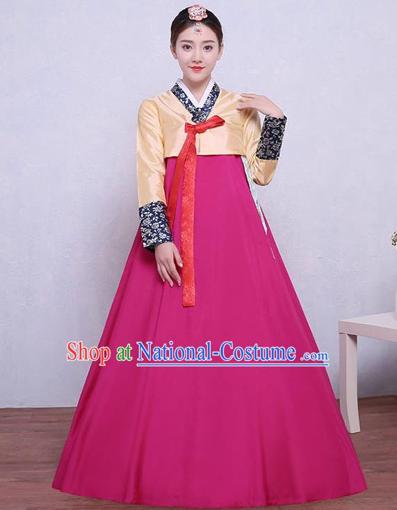 Asian Korean Dance Costumes Traditional Korean Dress Hanbok Clothing Yellow Blouse and Rosy Skirt for Women