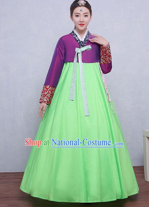 Asian Korean Dance Costumes Traditional Korean Dress Hanbok Clothing Purple Blouse and Green Skirt for Women